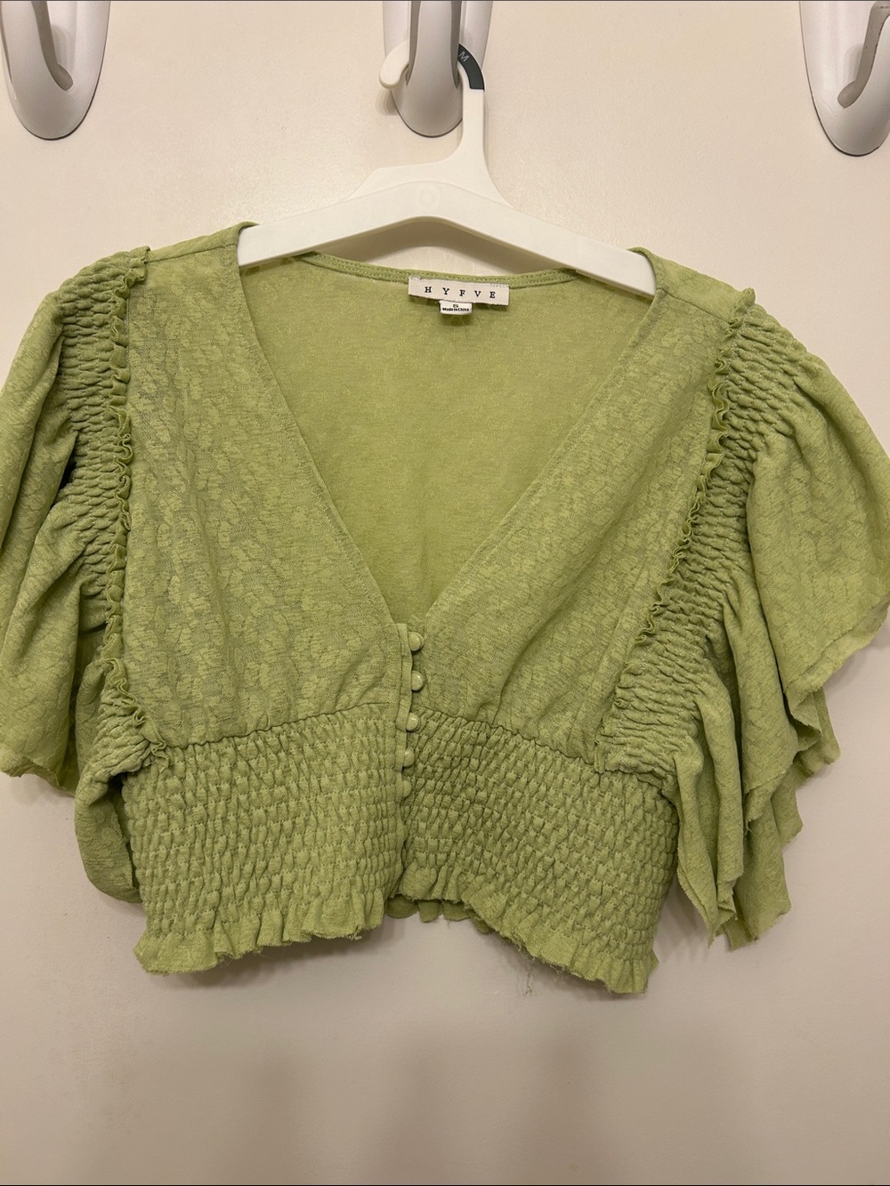 HYFVE Light Green Smocked V-Neck Crop Top